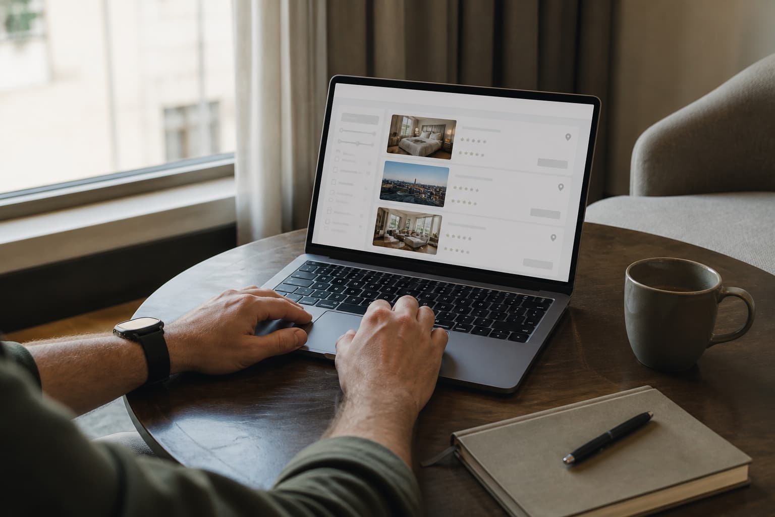 Traveller comparing hotel listings on a laptop